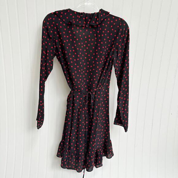 Réalisation Par Alexandra Black Silk Wrap Mini Dress Ruffle Hem Medium Polka Dot - Picture 5 of 12